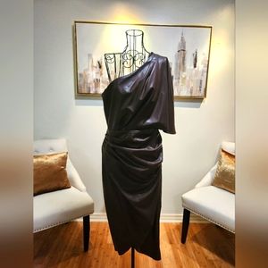 Asymmetric Faux Leather Midi One Shoulder Dress Dark Brown Sz L